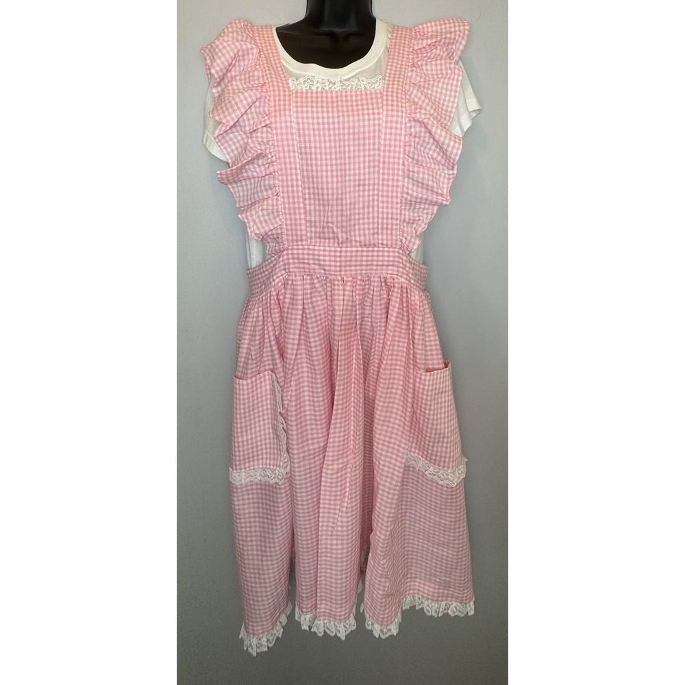 Handmade Pink & White Gingham Pinafore Apron Ruffled Straps With Lace